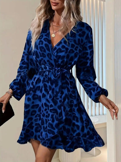 Robe portefeuille femme – Coupe midi fluide – Manches ballon – Imprimé animal élégant