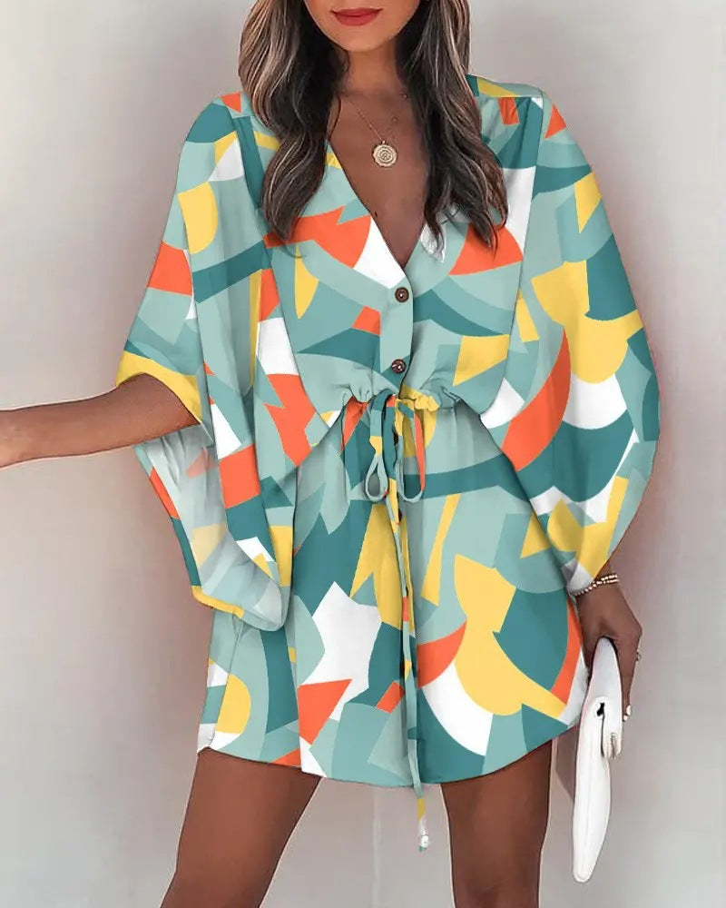 Robe fleurie à manches kimono pour femme - Boutonnée sur le devant - Ceinture à la taille