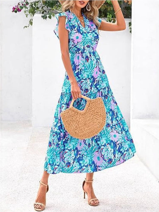 Robe mi-longue femme – Décolleté en V – Manches volantées – Coupe fluide – Tissu respirant – Motif imprimé