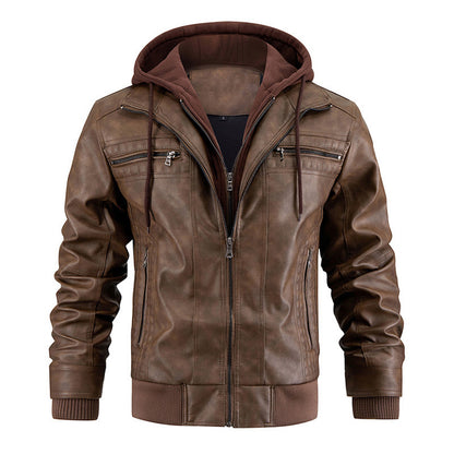 Veste en cuir à capuche pour homme - Fermeture éclair sur le devant - Vêtements d'extérieur décontractés