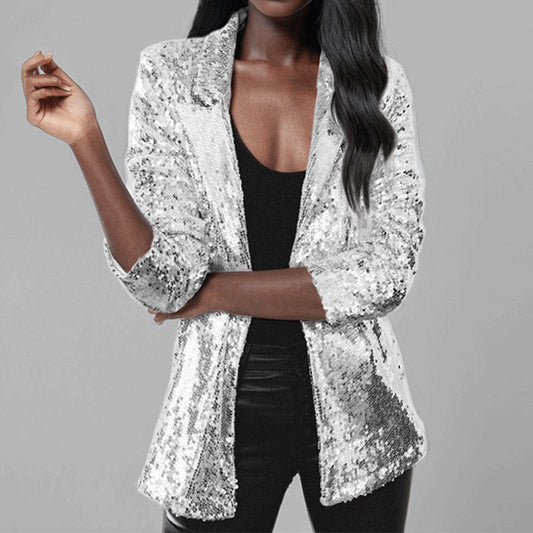 Blazer femme – Coupe structurée – Tissu scintillant à sequins – Manches longues – Ouvert