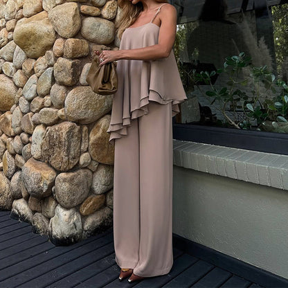 Ensemble Femme Deux Pièces – Haut Asymétrique Sans Manches – Pantalon Droit Fluide