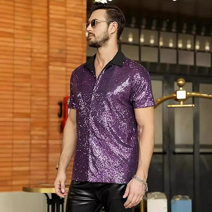 Chemise homme – Slim fit – Sequins brillants – Manches courtes style soirée