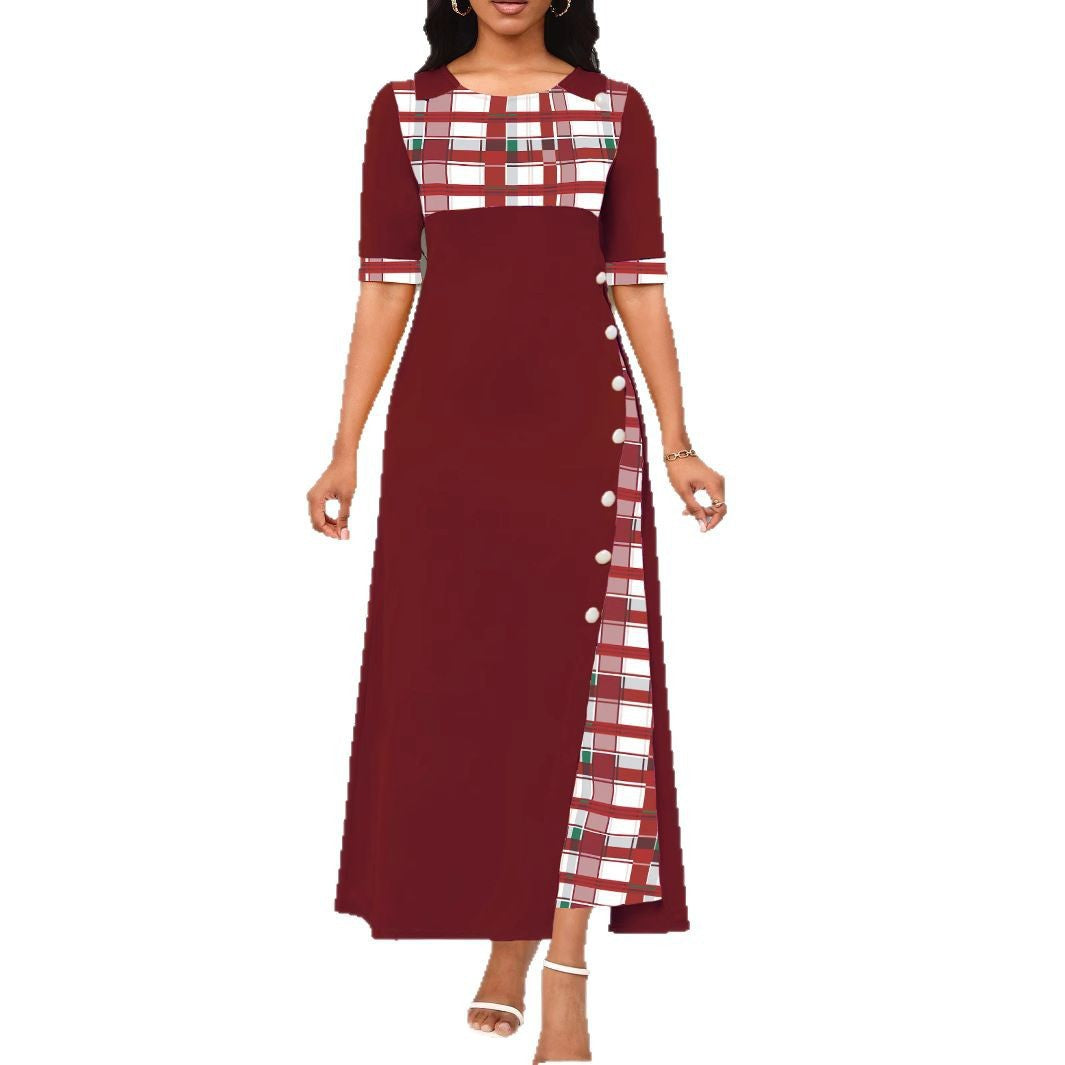 Robe longue femme – Coupe cintrée – Col rond – Manches mi-longues – Détail asymétrique à carreaux