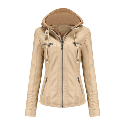 Veste à capuche femme – Simili cuir – Coupe cintrée – Capuche amovible – Poches zippées