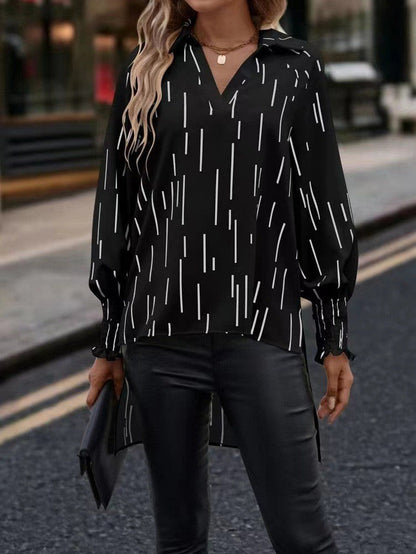 Blouse femme – Coupe fluide – Décolleté en V – Rayures graphiques – Manches longues