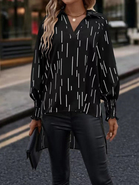 Blouse femme – Coupe fluide – Décolleté en V – Rayures graphiques – Manches longues