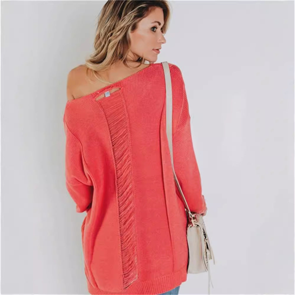 Pull femme en maille – Coupe oversize – Col V – Laine texturée – Poche avant