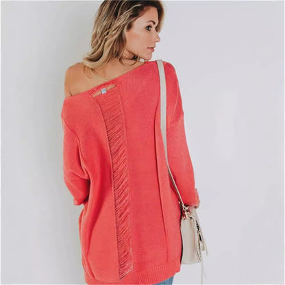 Pull femme en maille – Coupe oversize – Col V – Laine texturée – Poche avant