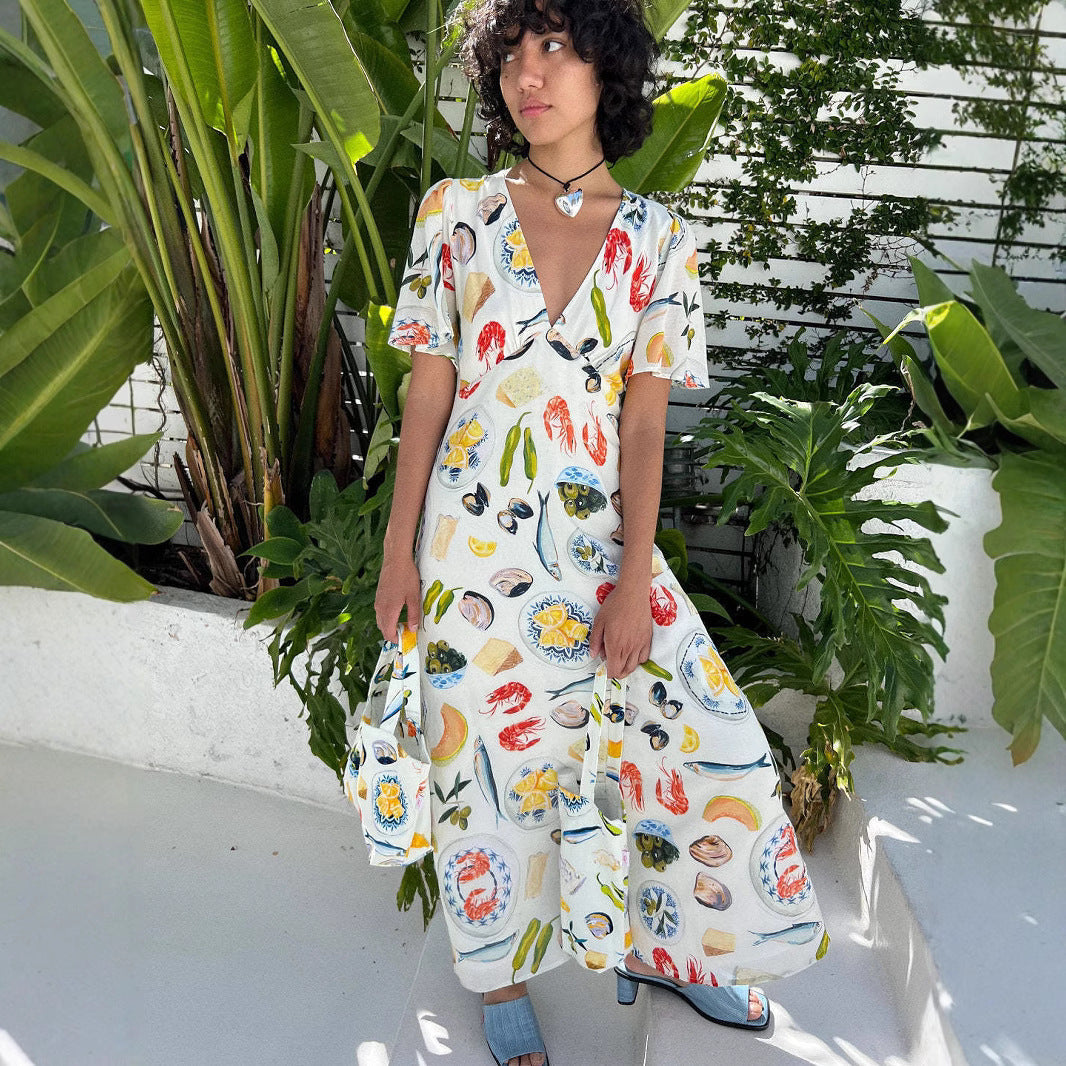 Robe femme midi – lin respirant – coupe ample – manches courtes – imprimé graphique