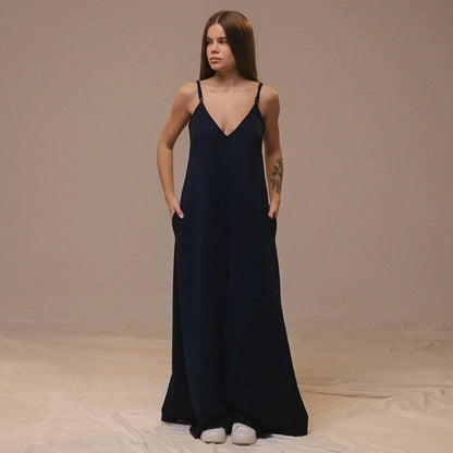 Combinaison femme – Coupe large – Sans manches – Ceinture à nouer – Lin mélangé