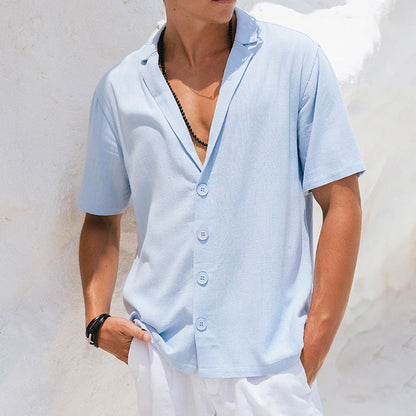 Chemise homme décontractée – Coupe ample – Tissu respirant – Col tailleur – Manches courtes