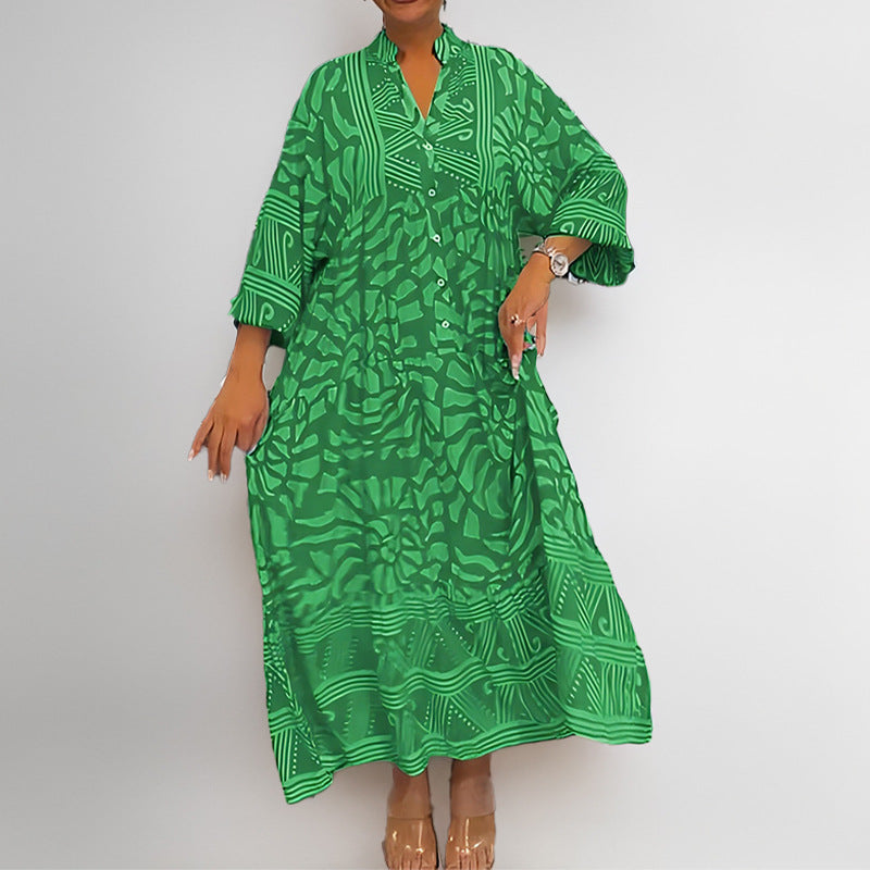 Robe midi femme – Coupe ample – Tissu léger – Imprimé – Manches retroussables