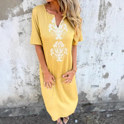 Robe midi femme – Fibres naturelles – Coupe ample – Manches courtes – Broderie devant