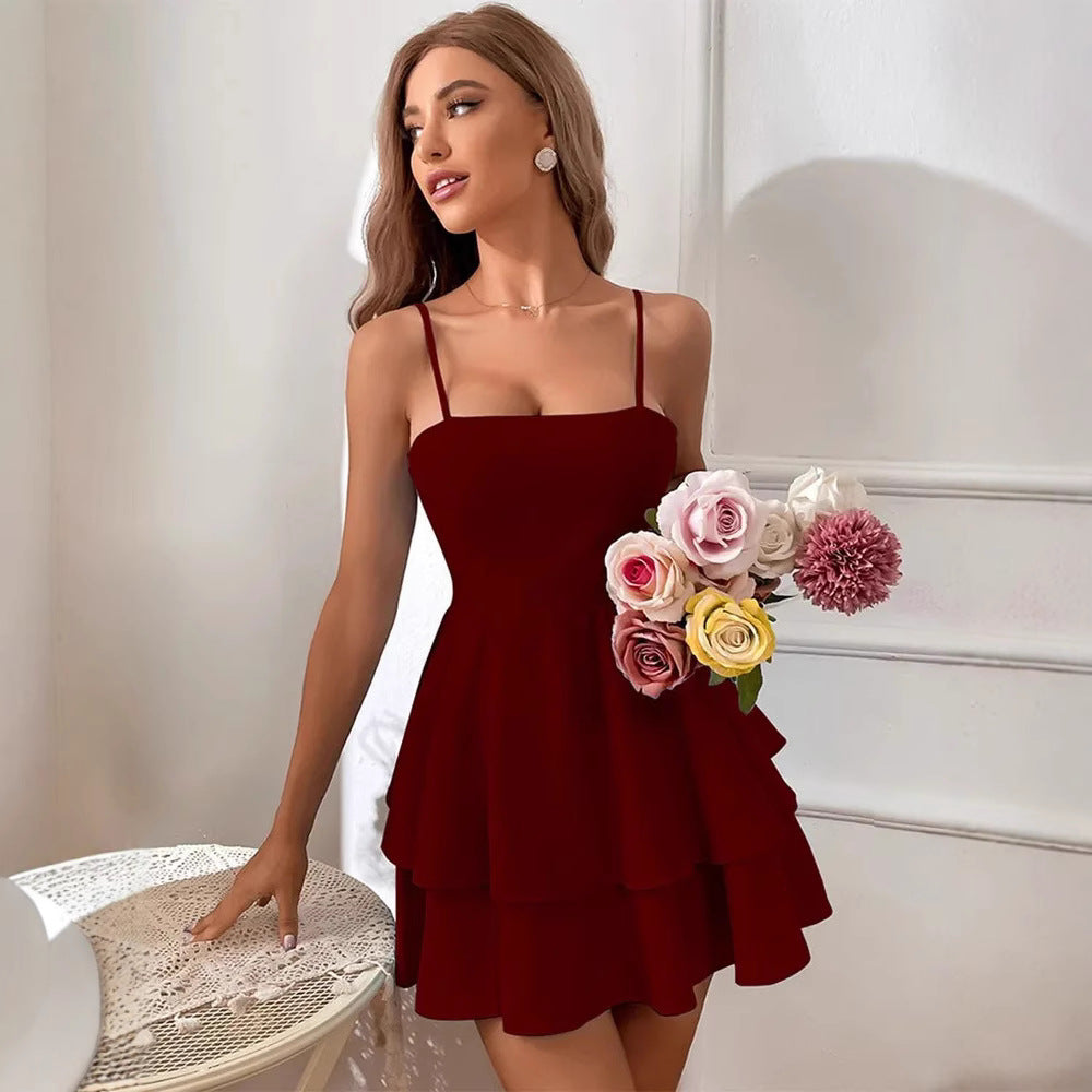 Robe femme mini sans manches – Coupe évasée – Bretelles fines – Dos nu – Jupe à volants