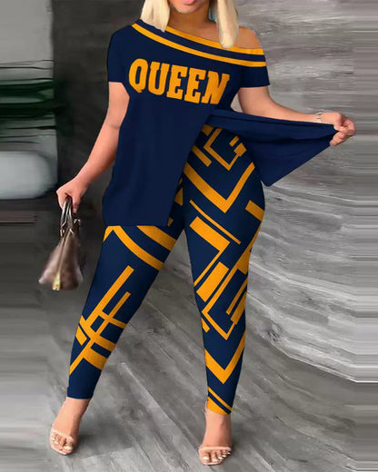 Ensemble Femme – Top Épaule Dénudée Détente – Pantalon Ajusté à Motifs – Tissu Léger