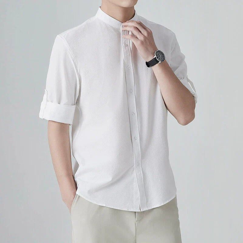 Homme Chemise - Tissu Tissé Texturé - Col Montant - Manches Trois-Quarts