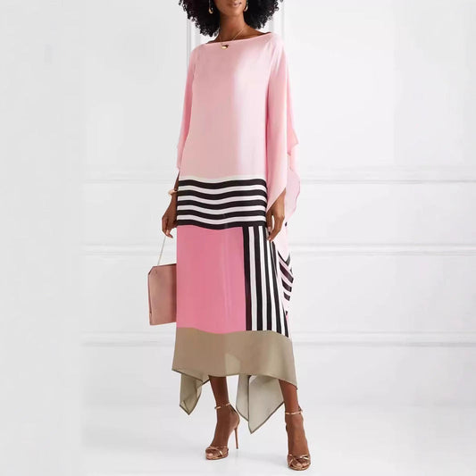 Robe longue femme – Une épaule – Coupe ample – Ourlet asymétrique – Motif rayé