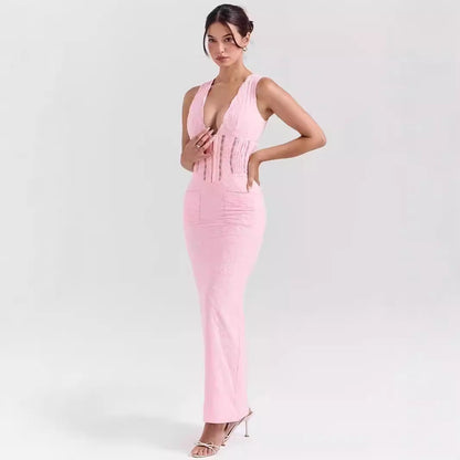 Robe femme longue en dentelle – Coupe ajustée – Taille haute – Décolleté plongeant