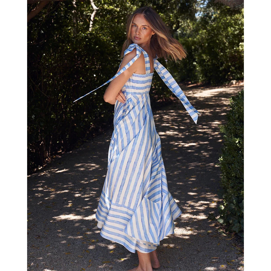 Robe maxi femme – Mélange coton – Coupe fluide – Bretelles à nouer – Buste smocké