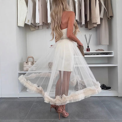 Robe midi femme – Sans bretelles – Coupe évasée – Tulle léger – Ourlet volanté