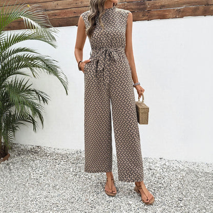 Combinaison femme – Sans manches – Imprimé géométrique – Cinturée – Jambe large