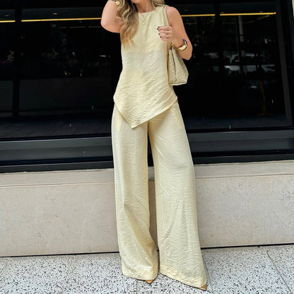 Ensemble femme deux pièces – Haut asymétrique sans manches – Pantalon large taille haute – Tissu plissé respirant