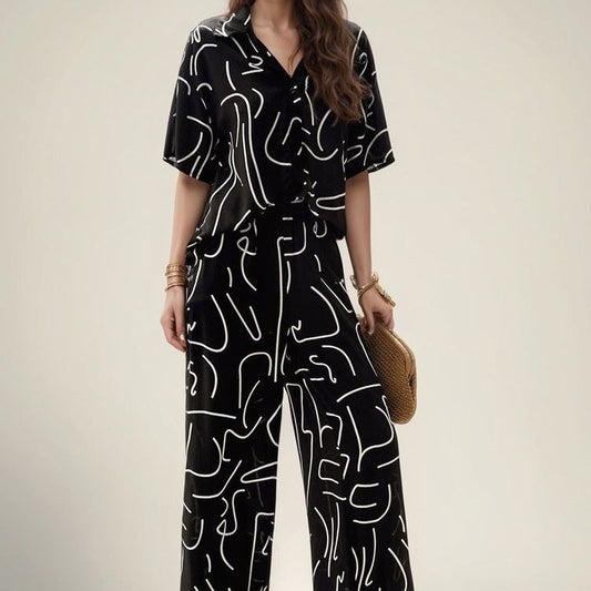 Blouse femme oversize – Fibres naturelles – Manches courtes – Imprimé abstrait