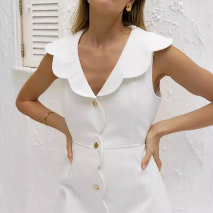 Robe femme en denim – Coupe ajustée – Sans manches – Patte festonnée – Courte