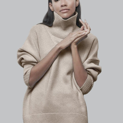 Pull femme – Col roulé – Coupe oversize – Maille douce – Finitions côtelées