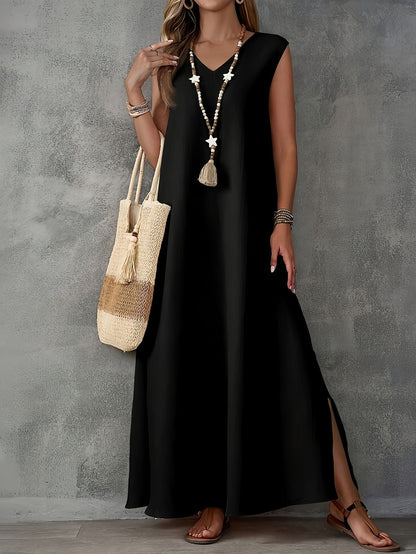 Robe longue femme – Coupe fluide – Col en V – Sans manches – Coton léger – Fentes latérales