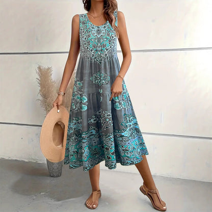 Robe midi femme – Coupe évasée – Sans manches – Col rond – Imprimé floral – Coton