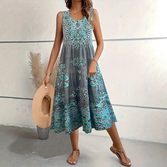 Robe midi femme – Coupe évasée – Sans manches – Col rond – Imprimé floral – Coton