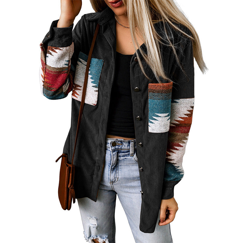 Veste cardigan femme – Coupe décontractée – Motif aztèque – Boutonnée – En velours côtelé