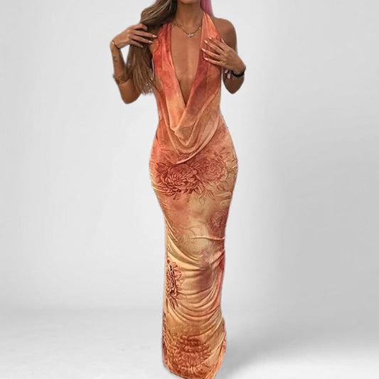 Robe femme col halter – Coupe moulante – Satiné – Dos nu – Imprimé floral – Longue