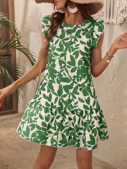Kiera - Robe d'été pour femme – Manches à volants – Imprimé feuilles – Ourlet à volants – Style plage