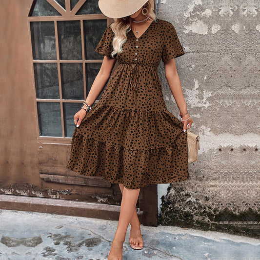 Robe midi femme – Coupe évasée confortable – Manches bouffantes – Boutonnée – Motif à pois