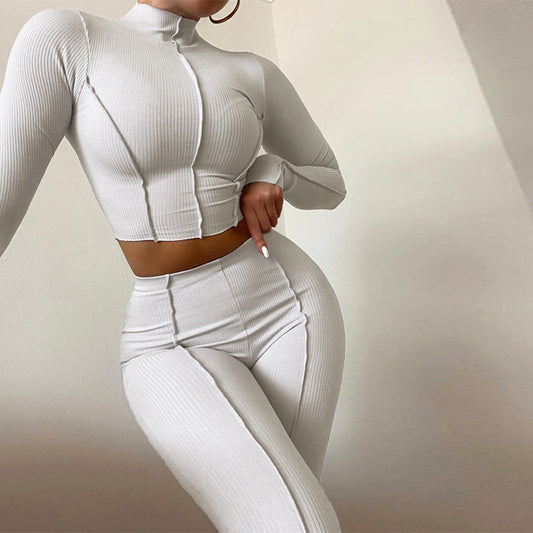 Ensemble femme athleisure – Côtelé stretch – Crop top manches longues – Leggings taille haute