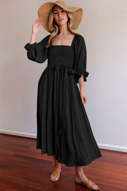 Robe midi femme – Corsage smocké – Taille haute ceinturée – Manches bouffantes