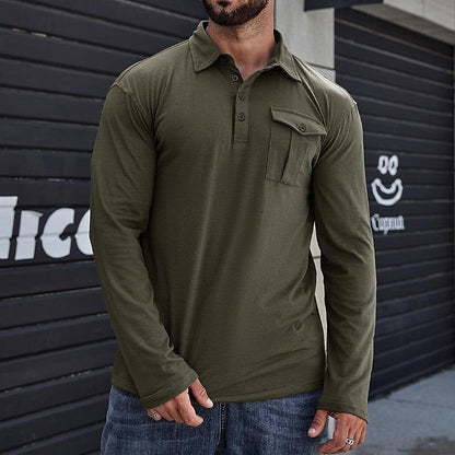 Chemise Henley homme – Manches longues – Coton – Col droit – Coupe régulière – Poche poitrine