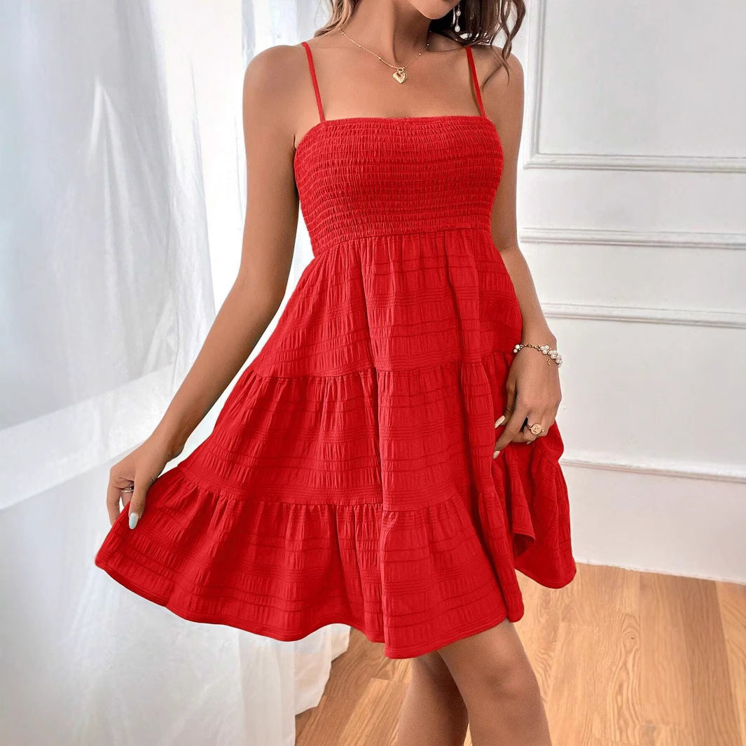 Robe courte femme – Bretelles fines – Bustier smocké – Jupe évasée à volants