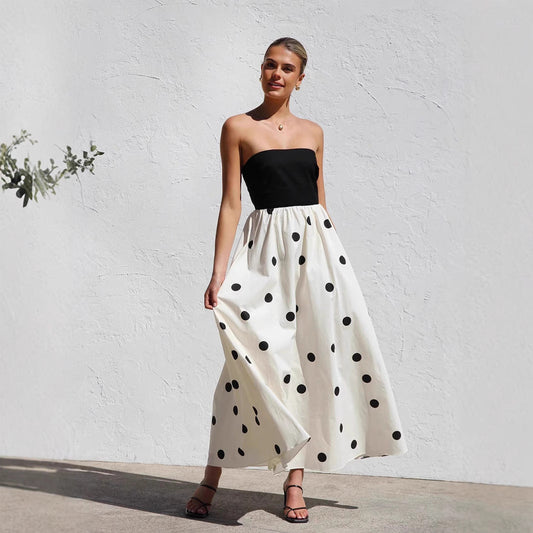 Robe longue femme – Sans bretelles – Coupe évasée – Motif pois élégant