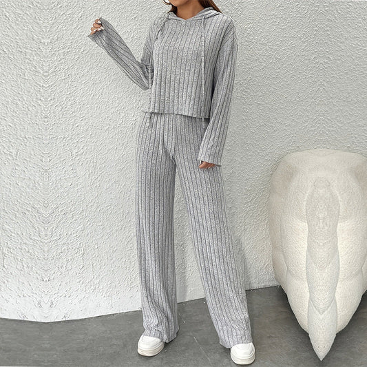 Ensemble détente femme – Capuche – Tricot côtelé – Coupe ample – Pantalon large