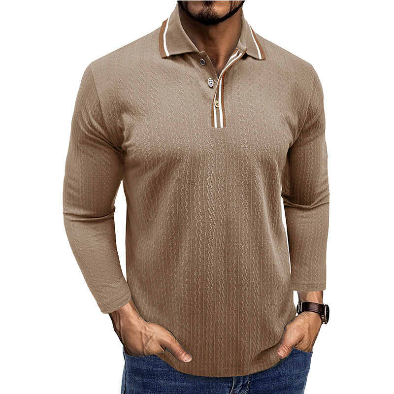 Polo homme manches longues – Coupe cintrée – Maille texturée – Col rayé