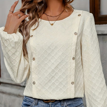 Chemise femme manches longues – Coupe décontractée – Tissu texturé doux – Manches lanterne – Boutons décoratifs