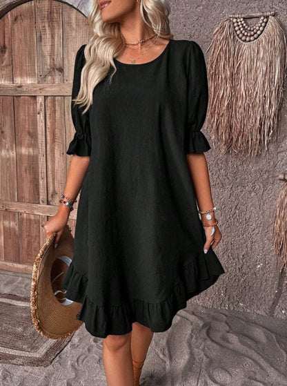 Robe midi femme – Coupe fluide – Manches volantées – Ourlet à volants – Tissu respirant