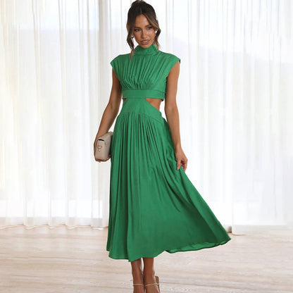 Robe midi femme – Coupe élégante – Taille cintrée – Buste plissé – Mancherons – Détail découpes