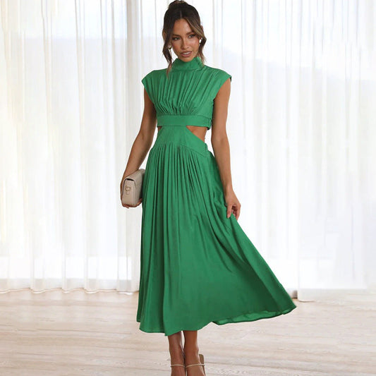 Robe midi femme – Coupe élégante – Taille cintrée – Buste plissé – Mancherons – Détail découpes