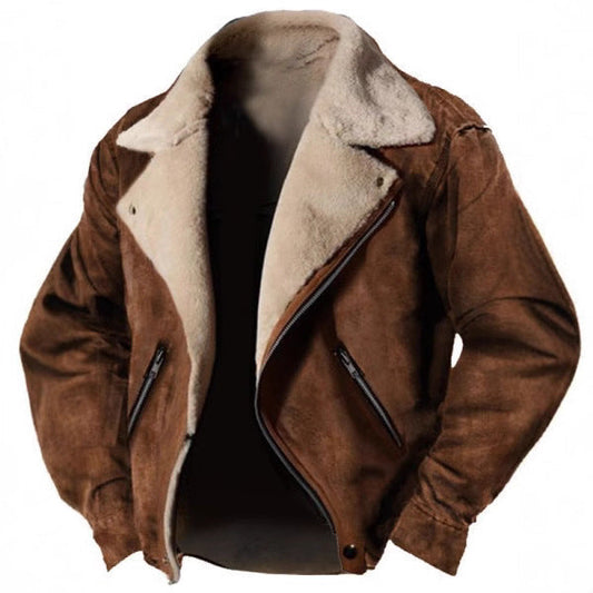 Veste homme en daim doublée shearling – Coupe structurée – Col rétro – Fermeture zippée