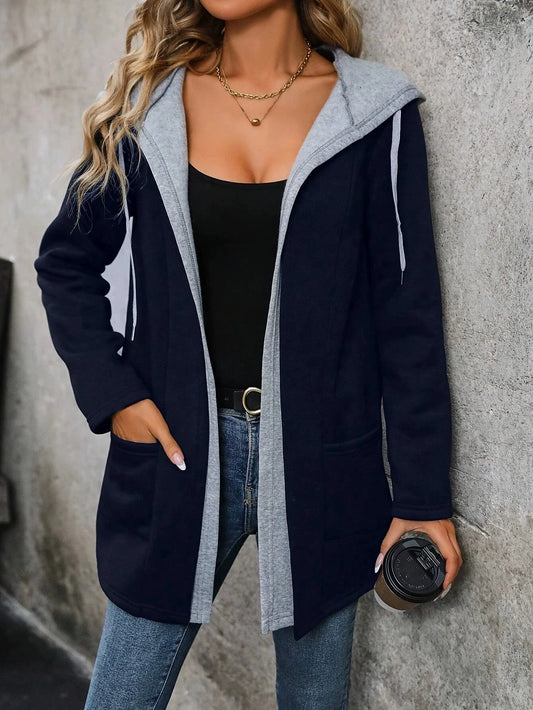 Veste longue femme – Coton – Coupe décontractée – Capuche à cordon – Poches frontales